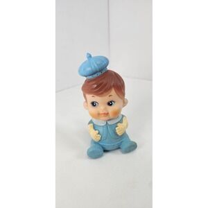 VTG Iwai Rubber Squeak‎ Toy Works Baby Boy In Blue With Hat Head Moves Japan